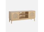Mobile Tv Decorazione Legno E Canna 2 Ante 140Cm, Marrone Naturale