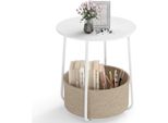 Tavolino Rotondo Costway, Tavolino Da Divano Con Cestino Portaoggetti, Tavolino Da Salotto, Comodino Moderno, Tavolino, φ45X50,5 Cm, Bianco