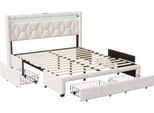 Letto Matrimoniale Imbottito 160 X 200 Cm Con 4 Cassetti, Illuminazione A Led, Porta Usb, Rete E Biancheria Da Letto Beige