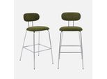 Set Di 2 Sgabelli Da Bar Legno Tinto Noce E Tessuto Idrorepellente Gambe In Metallo Cromato, Verde Kaki