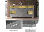 Fortuna Lai Credenza Moderna, 140 Cm, Grigia, Con Illuminazione A Led E Ante In Acrilico Trasparente, 2 Ante, 3 Cassetti Più Vano Portaoggetti Aperto, Mobile Base, Mobile Contenitore, Credenza, Mobile Angolare