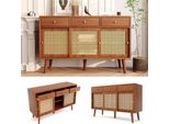 Fortuna Lai Credenza, Cassettiera Con 3 Cassetti E 3 Ante Scorrevoli, Intreccio In Rattan Sui Frontali Delle Ante, Gambe In Legno Massello, Maniglia A Staffa In Metallo Dorato, Ripiani Regolabili, Colore Noce, 120X 40X78Cm