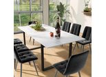 Set Da Pranzo Fortuna Lai (Set, Tavolo Da Pranzo 140/180×80×75 Cm Con 8 Sedie), Set Da Cucina Moderno, Sedie Da Pranzo In Velluto Grigio, Piano Del Tavolo In Mdf Bianco, Gambe Del Tavolo Nere