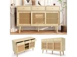 Fortuna Lai Credenza, Cassettiera Con 3 Cassetti E 3 Ante Scorrevoli, Intreccio In Rattan Sui Frontali Delle Ante, Gambe In Legno Massello, Maniglia A Staffa In Metallo Dorato, Ripiani Regolabili, Rovere, 120X 40X78Cm