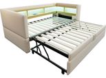 Fortuna Lai Letto Imbottito Divano Letto Estraibile 90/180*190 Cm, Dotato Di Luci A Led, Prese Di Corrente E Numerosi Vani Portaoggetti, Letto Imbottito, Divano Letto Multifunzionale, Letto Singolo, Beige.