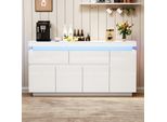 Fortuna Lai 140 X 35 X 72,5 Cm Mobile Da Soggiorno, Credenza, Buffet, Mobile Ausiliario Con 2 Cassetti, Cassettiera Lucida, Comò, Armadio Con 4 Ante, Mobile A Terra Con Led, Bianco