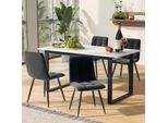Set Da Pranzo Fortuna Lai (Set, Tavolo Da Pranzo 140/180×80×75 Cm Con 4 Sedie), Set Da Cucina Moderno, Sedie Da Pranzo In Velluto Grigio, Piano Del Tavolo In Mdf Bianco, Gambe Del Tavolo Nere