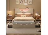 Unboxg Letto Matrimoniale 160×200 Cm, Beige, Tessuto Vellutato, Con 4 Cassetti, Testiera Con Vano Contenitore E Illuminazione A Led, Letto Contenitore / Letto Da Camera Da Letto