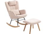 Fortuna Lai Sedia A Dondolo Con Poggiapiedi, Morbido Rivestimento In Pile, Gambe In Legno, Cuscini, Schienale Alto, Poltrona A Dondolo, Beige