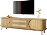 Mobile Tv Fortuna Lai – Mobile Tv In Legno Naturale Con Ante E Cassetti. Supporto Tv Con Fianchi In Rattan. Soluzione Contenitiva, Stile Country Naturale.