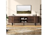 Fortuna Lai 160*40*47 Cm Mobile Tv, Mobile Basso Con 2 Armadi, Mobile Da Soggiorno Con Design In Legno Traforato, Mobile Tv Color Noce, Supporto Tv Con 5 Gambe Di Sostegno, Adatto Per Televisori Da 65 Pollici