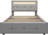 Letto Imbottito Fortuna Lai 90*200 Cm Con Luci Led, 2 Cassetti, Imbottitura In Lino Delicata Sulla Pelle, Letto Singolo Piatto, Letto Per Bambini, Letto Per Ragazzi, Letto Per Ospiti (Grigio)