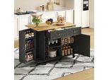 Isola Da Cucina Fortuna Lai Con Piano Di Lavoro Ribaltabile, Dotata Di 5 Rotelle Bloccabili, Ripiano Portaoggetti, Portabottiglie E Portabicchieri, Nero, 120 X 45(70) X 89 Cm