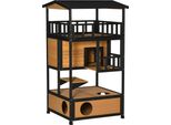 Fortuna Lai Casa Per Gatti In Legno Di Abete 4 Piani Con Scala, Tetto In Asfalto Resistente All'inverno, Giallo, 75,5X75X137 Cm, Ideale Per Esterni E Terrazze