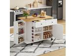 Isola Da Cucina Fortuna Lai Con Piano Di Lavoro Ribaltabile, Dotata Di 5 Rotelle Bloccabili, Ripiano Portaoggetti, Portabottiglie E Portabicchieri, Bianco, 120 X 45(70) X 89 Cm