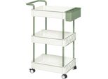 Carrello Di Servizio Fortuna Lai Con 3 Ripiani E Cestello Appeso, Carrello Da Cucina In Acciaio Bianco, Pratico Carrello Portaoggetti Con Maniglia