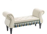 Panca Imbottita Fortuna Lai Per Camera Da Letto Con Braccioli, Design Vintage Effetto Velluto, Gambe In Legno, Portata 150 Kg, 117X40X58 Cm, Beige