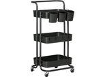 Fortuna Lai Carrello Di Servizio Carrello Con 3 Ripiani, Cestelli Portaoggetti, Carrello Da Cucina Con Ganci, Carrello Portaoggetti, Carrello Ausiliario Per Cucina, Soggiorno, Acciaio, Nero