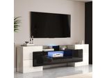 Fortuna Lai Elegante Mobile Tv, Pannello Basso. Bianco E Nero Lucido, 200 Cm, Illuminazione A Led, Mobili Per Soggiorno. Design Moderno. Elegante Superficie In Vetro.