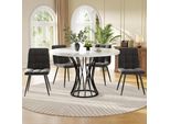 Set Da Pranzo Fortuna Lai (5 Pezzi), Set Da Pranzo Con 4 Sedie, Set Da Cucina Moderno, Tavolo Da Cucina Rotondo Diametro 80 Cm, Gambe Nere, Piano Del Tavolo Marmorizzato Bianco, Sedie Da Pranzo In Velluto Grigio