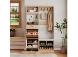 Set Guardaroba Fortuna Lai, Appendiabiti Da Parete, Set Guardaroba Da Ingresso Con Panca Porta Scarpe, Set Guardaroba Con 4 Ganci Appendiabiti, 1 Cassetto E 2 Ante, Naturale, L108,5 X P35 X H180 Cm