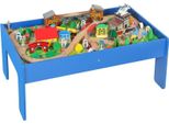 Tavolo Da Gioco Fortuna Lai, Set Ferroviario In Legno Composto Da 108 Pezzi, Con Piano Rimovibile, Tavolo Ferroviario, 98X60,5X40 Cm, Blu