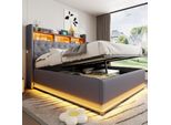 Letto Imbottito Fortuna Lai Led 160 X 200 Cm, Letto Imbottito Con Contenitore, Porta Usb E Vano Idraulico, Tessuto In Lino Delicato Sulla Pelle, Grigio