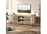Fortuna Lai 160*40*47 Cm Mobile Tv, Mobile Basso Con 2 Armadi, Mobile Da Soggiorno Con Design In Legno Traforato, Tavolino Tv In Legno Naturale, Tavolino Tv, Supporto Tv Con 5 Gambe Di Sostegno, Adatto Per Televisori Da 65 Pollici
