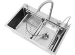 Lavello Da Cucina - Vasca Singola Rettangolare - Acciaio Inox 304 - Rubinetto Miscelatore Estraibile - Acqua Calda/Fredda - Cestello Filtrante - Per Ristorazione/Cucine Industriali - Argento