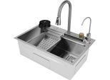 Lavello Da Cucina - Lavello Da Incasso - Doppia Vasca - 75 X 35 X 21 Cm - Acciaio Inossidabile 316 - Con Rubinetteria - 1 Foro Per Rubinetto - Rettangolare - Argento