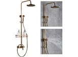 Set Doccia Retrò - Sistema Doccia A Pioggia - Montaggio A Parete - Soffione Rotondo Da 20 Cm - Ottone - Finitura Ottone Anticato