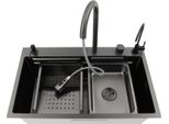 Set Lavello Da Cucina - Vasca Singola Rettangolare - Acciaio Inox 304 - Con Rubinetto A Cascata - 1 Foro - Nero