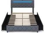 Costway Letto Imbottito 140X200 Cm Con Led, 2 Porte Usb, Struttura Letto Matrimoniale Con Cassetti, Testiera Regolabile E Rete A Doghe, Senza Materasso