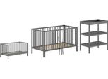 Babymöbel-Set VIPACK Dino ist das ideale Start Set für Ihr Kind aus massiver Buche, grau (anthrazit), ohne Matratze, B/H: 70cm x 140cm, Schlafzimmermöbel-Sets, Babymöbel-Set, Baby-/Juniorbett u. Wickelregal inkl. wahlweise in 3 Farben erhältlich