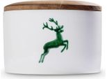 Gmundner Keramik Green Stag, Vaso Di Stoccaggio Con Coperchio In Legno H. 9 Cm