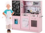 Cucina Per Bambini Costway, Cucina Da Gioco Per Bambini Con 10 Accessori Da Gioco, Lavagna, Microonde, Gelatiera, Lavastoviglie E Forno, Cucina In Legno Per Bambini 3+ Bianca E Rosa