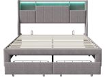 Letto Imbottito 140X200 Cm Con Rete A Doghe, Letto Con Contenitore, Letto Matrimoniale Con Testiera Contenitore E Led, Lino, Grigio