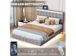 Letto Matrimoniale 160 X 200 Cm Con Rete A Doghe, Letto 160 X 200 Cm Con Illuminazione Led E Usb, Struttura Letto In Lino, Grigio
