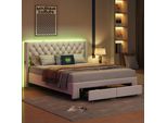 Letto 160 X 200 Cm Con Contenitore E Illuminazione Led, Rete A Doghe, Letto Matrimoniale Imbottito Con Connessione Usb, Velluto, Beige