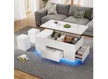 Sweiko 100X50X45Cm Tavolino Da Salotto 4 In 1 Regolabile In Altezza Con Led, Tavolino Da Caffè Con 2 Cassetti, Tavolino Lucido Con Divano E 2 Sgabelli, Tavolino Con Vano Portaoggetti Nascosto, Portata Fino A 50 Kg, Bianco