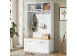 Merax Appendiabiti, Set Guardaroba Con Panca, Spazio Contenitore Aperto E 2 Ante - Guardaroba Compatto Con 4 Ganci, 105 × 40 × 180 Cm, Naturale + Bianco