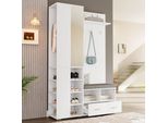 Merax Appendiabiti, Set Guardaroba, Armadio Da Ingresso Con Specchio, Asta Appendiabiti, Panca Porta Scarpe Con Ripiano, 3 Ganci, 2 Cassetti E Vano Portaoggetti, Bianco