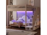Letto A Castello Flieks 140X200 Cm Con Scaletta Contenitore, Lettino Doppio Con Led E Protezione Anticaduta, Letto A Soppalco In Legno Con Rete A Doghe, Naturale