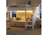 Letto A Castello Flieks 140X200 Cm Con Scaletta Contenitore, Lettino Doppio Con Led E Sponde Di Protezione, Letto A Soppalco In Legno Con Rete A Doghe, Bianco