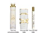 Set Yara Moi 3 Pezzi: Yara Moi 50 Ml Eau De Parfum + Lattafa Yara Moi 300 Ml Air Freshner + Aprizo Yara Moi 35 Ml Eau De Parfum