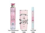 Set Yara 3 Pezzi: Yara Eau De Parfum Natural Spray 50 Ml Unisex Aprizo+Lattafa Yara 300 Ml Air Freshner+Yara 35 Ml Eau De Parfum -Aprizo