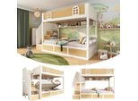 Letto A Castello Per Bambini 90X200 Cm Con Armadio A Scala E Spazio Contenitore, Letto A Castello Bianco E Naturale Con Ringhiera Di Sicurezza E Rete A Doghe, Senza Materasso