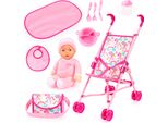 Puppenbuggy BAYER Set mit Puppe, rosa (rosa einhorn), Puppenwagen, KinderB:46cm H:57cm T:26cm, Puppenbuggy, B:46cm H:57cm T:26cm