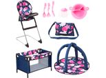 Puppenmöbel BAYER Puppen-Reisebett, bunt (sterne blau, rosa), Puppenmöbel, KinderB:20cm H:30cm T:45,5cm, Kunststoff, Stoff, Puppenmöbel, mit Hochstuhl, Spielbogen und Zubehör für die Puppenpflege, B:20cm H:30cm T:45,5cm