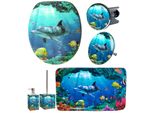 Badaccessoire-Set SANILO Delphin Korallen, blau, MDF, Badaccessoires-Sets, Badaccessoire-Set
